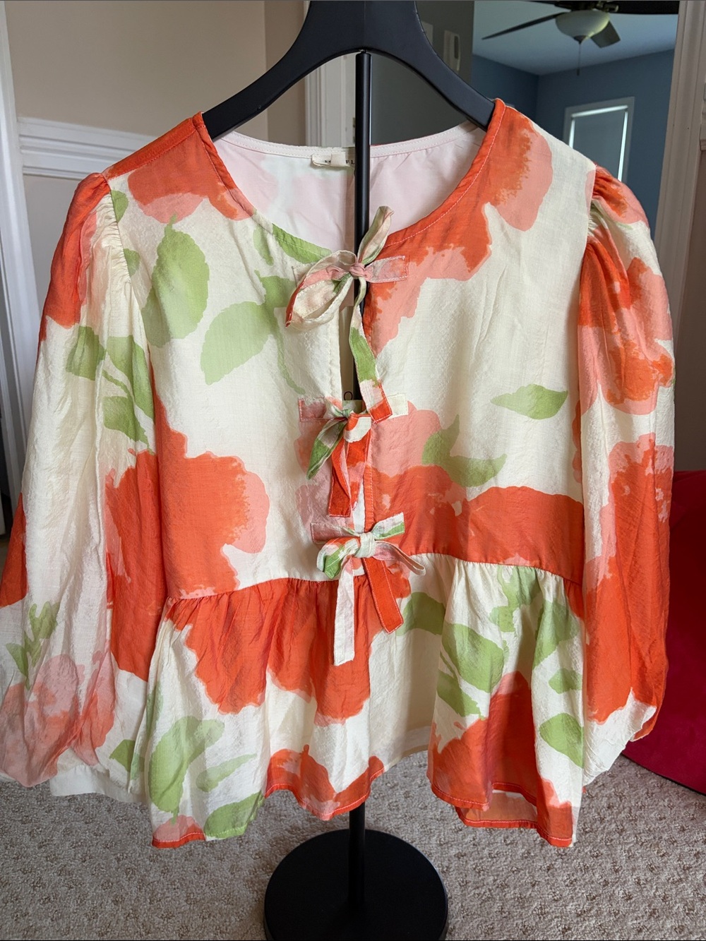 JODIFL Orange, Cream & Green Floral Tie-Front Peplum Blouse